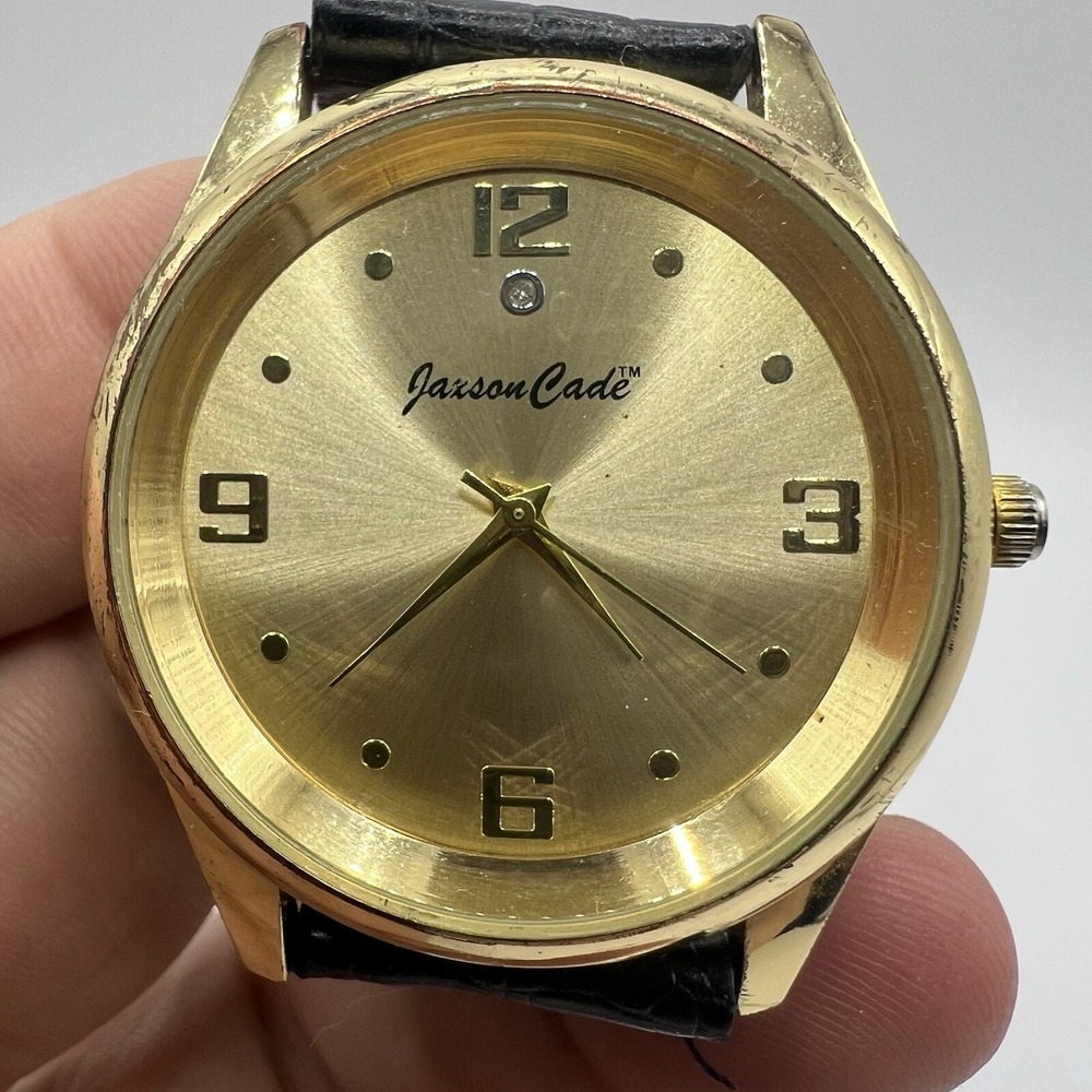 Jaxson Cade Unisex Analog Wrist Watch Gold Tone Black Leather Strap EUC